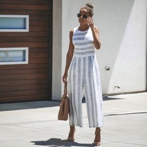 sugar + lips linen cotton blend romper pants jumpsuit striped  large gray white